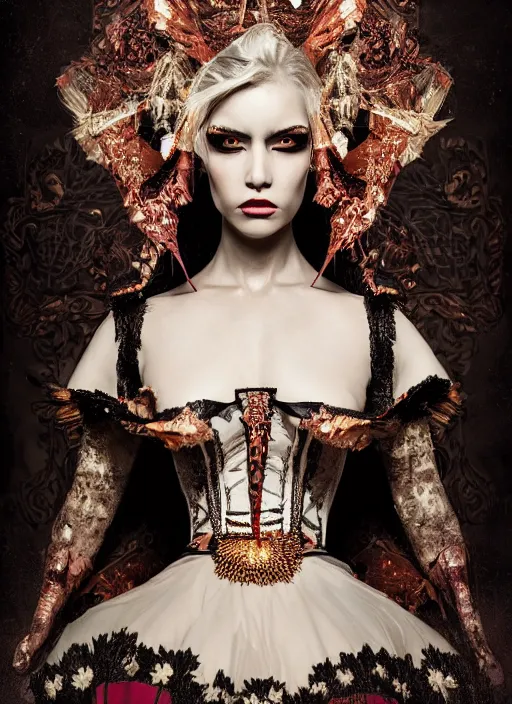 Prompt: portrait of beautiful female model make up by candy makeupartist, perfect symmetrical pose, sharp, by irakli nadar with intricate detailed wearing victorian dress designed by alexander mcqueen and rocky gathercole, haunting, elite, elegant, ruan jia, dark, hyper detailed, concept art, by gustav klimt