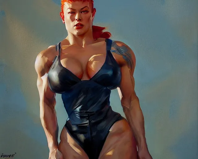 Image similar to greg manchess portrait painting of milla jovovich as beautiful thick female bodybuilder zarya from overwatch, medium shot, asymmetrical, profile picture, organic painting, sunny day, matte painting, bold shapes, hard edges, street art, trending on artstation, by huang guangjian and gil elvgren and sachin teng