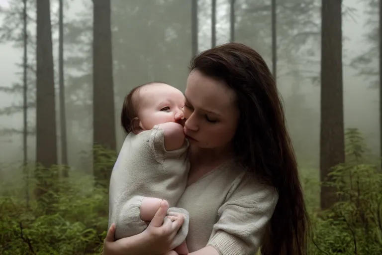 Image similar to a cinematic photo of a young woman with dark hair holds a baby in a dark, foggy forest, closeup, masterpiece