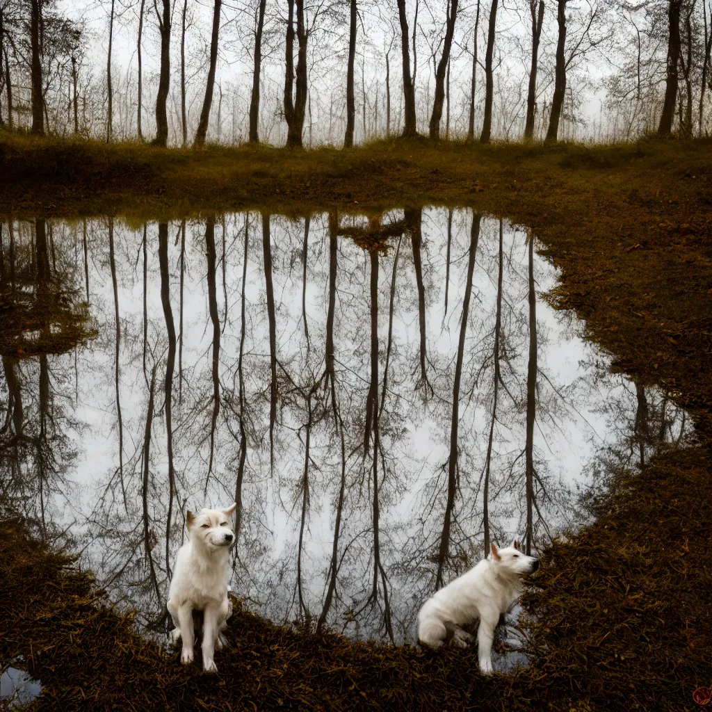 Image similar to white siberian laika dog, with reflection in the puddle, foggy old forest, very detailed, 4 k, professional photography