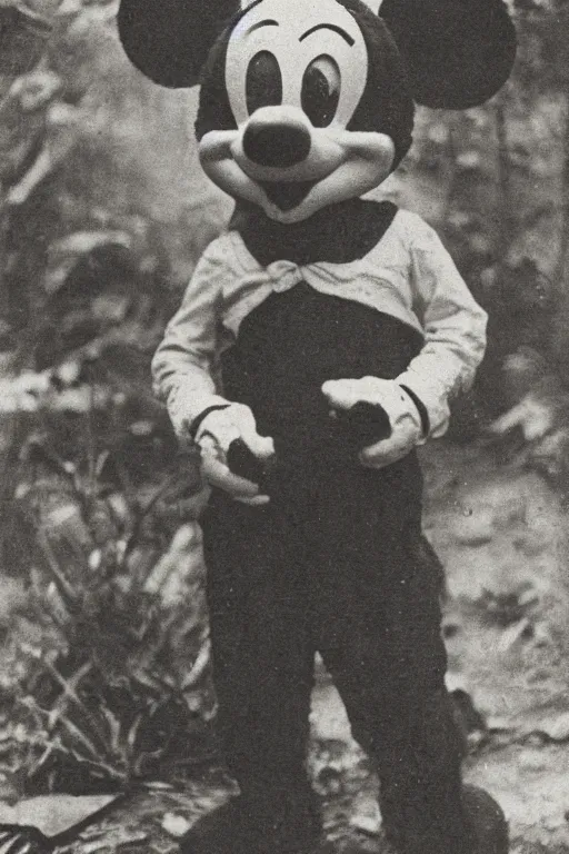 Image similar to a 1 9 0 5 colonial closeup portrait photograph of mickey mouse in a village at the river bank of congo, thick jungle, portrait shot