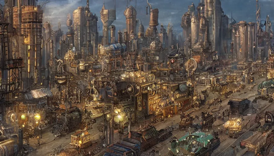 Image similar to a modern steampunk city from 1900, an anachronistic city with various objects that are out of place - H 1000