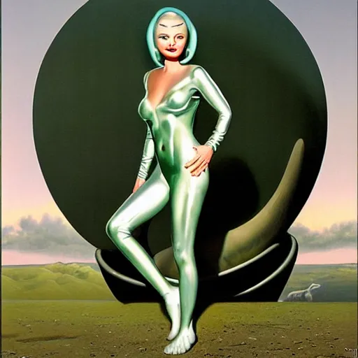 Image similar to beautiful Whitley Streiber Roswell grey alien extraterrestrial species female babe in a tight fitting silver metallic bikini spacesuit, , big silver head, green skinned, big black almond shaped alien eyes by Mort Kunstler and Gil Elvgren
