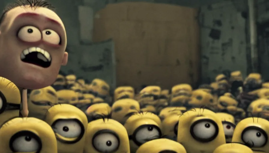 Image similar to fight club!!!!, fight club!!!! (((the minions))), movie still, directed by David fincher