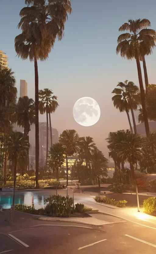 Prompt: a unreal engine scene, los angeles, palms, full moon, concept art, hyperrealistic, trending on artstation, high quality, highly detailed, path traced, soft lighting, soft colors, digital art, 8 k hdr, octane render, unreal engine 5,