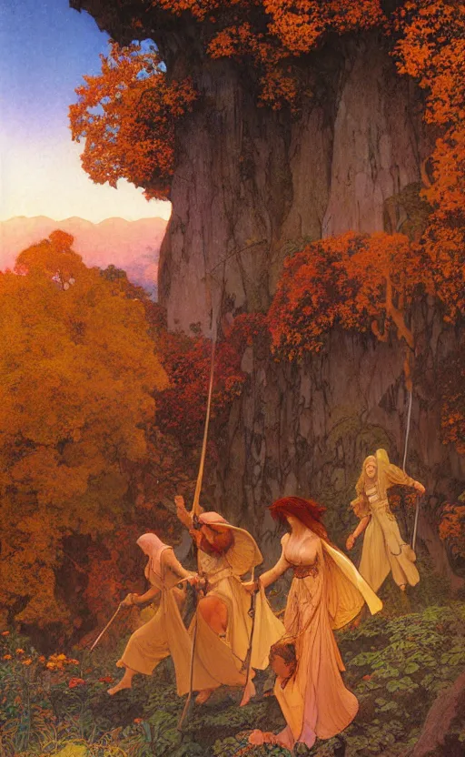 Prompt: adventurers journeying into Rivendell at sunset in the autumn, by Maxfield Parrish, Mucha, Donato Giancola, Thomas Kincade, and James Gurney