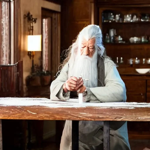 Image similar to gandalf sniffing and snorting white substance from table
