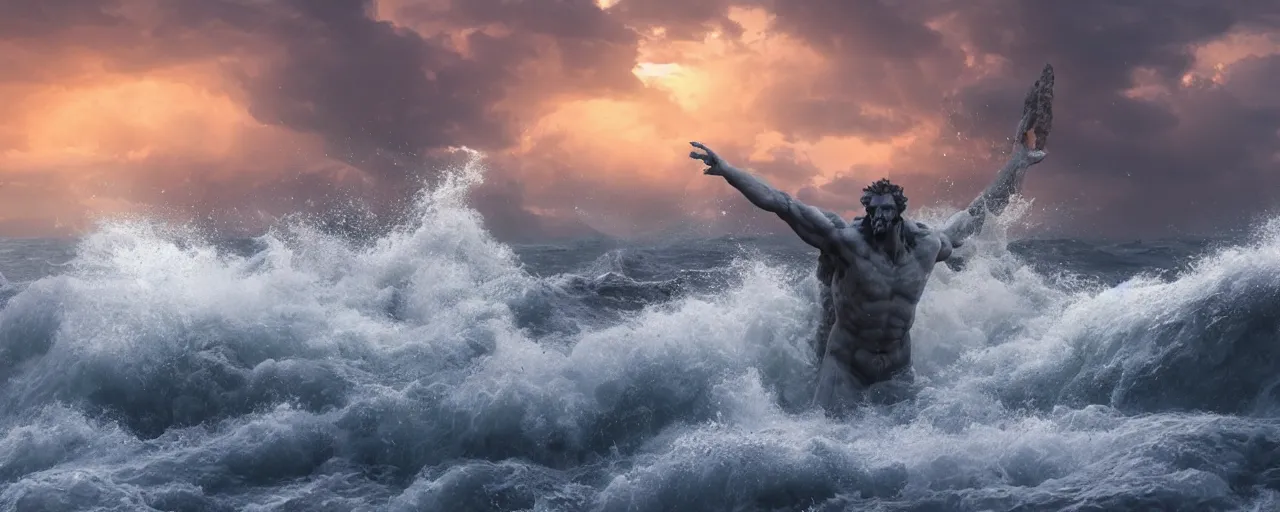 Image similar to a matte painting of a marble Poseidon statue emerging from a stormy sea at sunset, photo-realistic, very beautiful