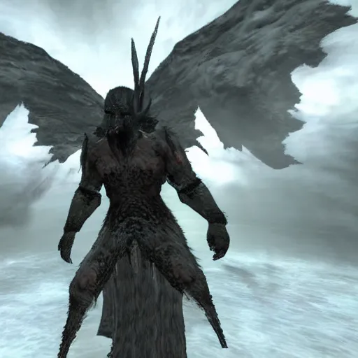 Prompt: screenshot of a horrid creature from Skyrim. It has angel wings, no eyes, and has long fingers with sharp teeth.