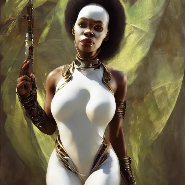 Image similar to african domme mistress, full body, dominatrix, tribal, smooth white tight clothes suit, ornate, very beautiful, concept art, realistic painting, androgynous, afrofuturism, daz 3 d, cinematic, cgsociety, digital art by greg rutkowski, by alphonse mucha