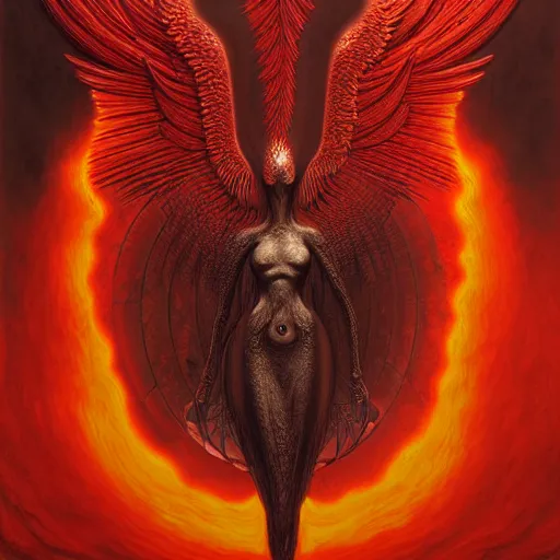 Image similar to bird phoenix of lava, dark, fire from inside, blood vesels, dystopian surrealism, art style zdzisław beksinski, symmetry accurate features, very intricate details, high resolution, symmetrical long head, smooth marble surfaces, detailed ink illustration, cinematic smooth stone, deep aesthetic, concept art, carved marble texture silk cloth, latex skin, highly ornate