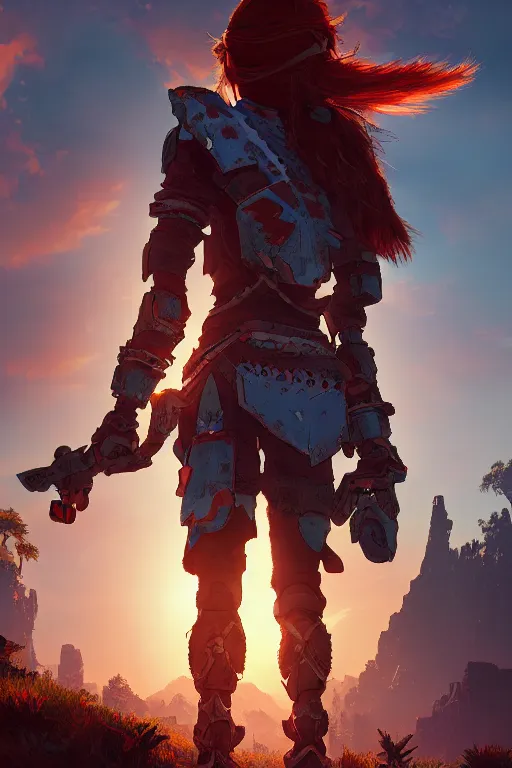 Image similar to combination suit armor aloy horizon forbidden west horizon zero dawn radiating a glowing aura global illumination ray tracing hdr fanart arstation by ian pesty and alena aenami artworks in 4 k tribal robot ninja mask helmet backpack