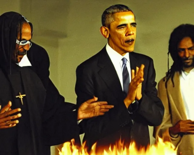 Image similar to obama the snoop dogg pinmp. casting a holy spell on a believer. seance at a megachurch. 1970's blaxpoitation scene