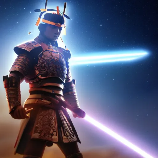 Image similar to a legendary samurai with a halo of light in another galaxy, epic, 4 k, 3 d