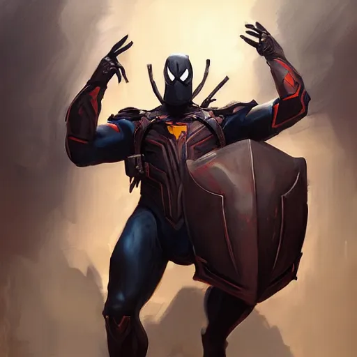 Prompt: greg manchess portrait painting of an armored dark iron spiderman as overwatch character, medium shot, asymmetrical, profile picture, organic painting, sunny day, matte painting, bold shapes, hard edges, street art, trending on artstation, by huang guangjian, gil elvgren, ruan jia, greg rutkowski, gaston bussiere