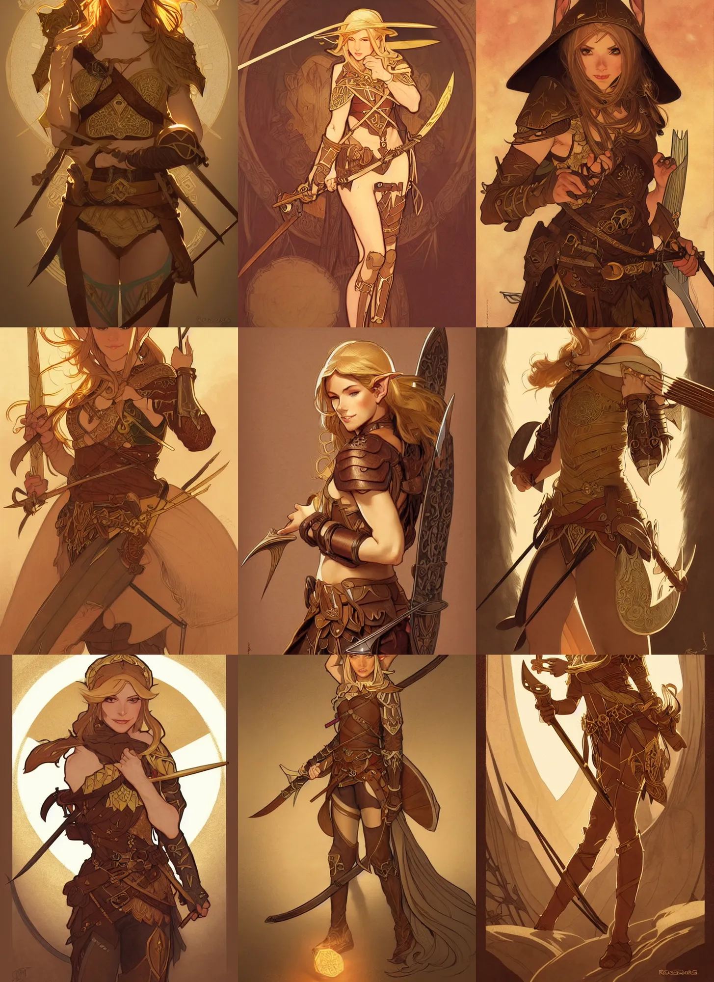 Prompt: beautiful elf archer in the slumps, brown skin, golden hair, skintight brown leather armor, high fantasy, dnd, smooth, sharp focus, sepia, illustration, by rossdraws, alphonse mucha, frank fanzzeta