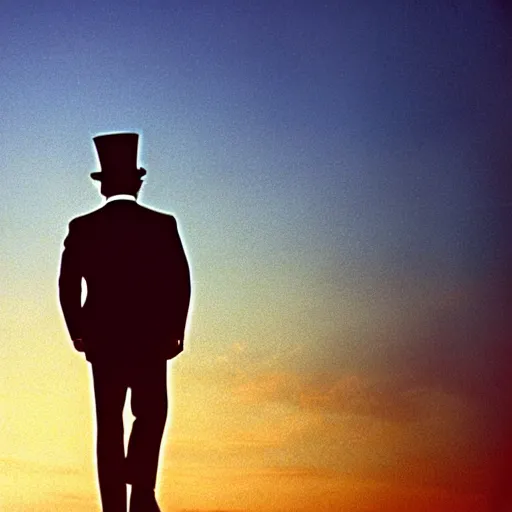 Prompt: the godfather wears a top hat. 5 0 mm, cinematic, technicolor. sea and beach and a man in the background. sunset lighting