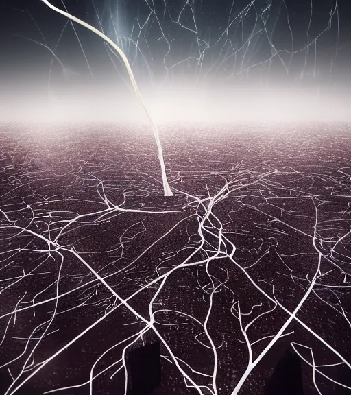 Image similar to surreal neuron city tower, only a flash of light breaking the waves, made of crystalized synapse, aerial iridecent bloodveins, moonbow, in the desert, foggy sky, dark starry night, octane render, unreal engine, pale colors, high detail, 8 k, wide angle, trending on artstation, behance