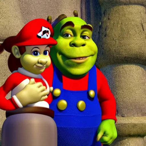 Image similar to shrek wearing mario hat, 8 k