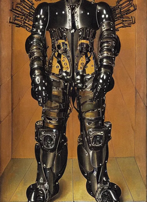 Prompt: cybernetic exoskeleton by Jan van Eyck