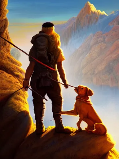 Prompt: an adventurer in the begining of a journey with his dog. near a precipice the sun and mountains on the background intricate, elegant, highly detailed, digital painting, artstation, concept art, sharp focus, illustration, by justin gerard and artgerm, 8 k