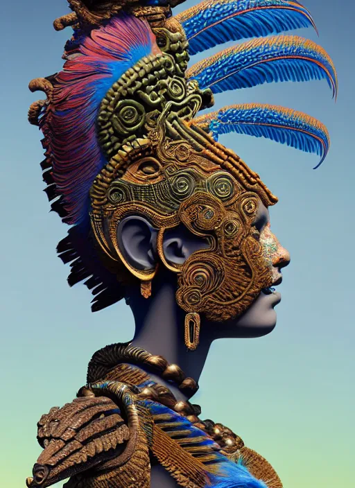 Image similar to 3 d goddess profile portrait. beautiful intricate highly detailed quetzalcoatl mask and feathers. ahuizotl, atotolin, bioluminescent, plasma, lava, ice, water, wind, creature, thunder clouds, artwork by tooth wu and wlop and beeple and greg rutkowski, 8 k trending on artstation,