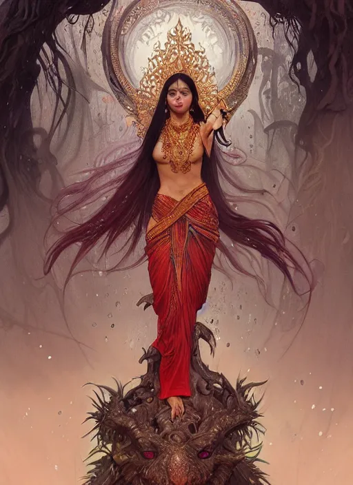 Image similar to kuntilanak on bayan tree, d & d, wet, shiny, fantasy, intricate, elegant, higly detailed, dramatically art, ultra definition, digital painting, artstation, concept art, smooth, sharp focus, illustration, art by artgerm and greg rutkowski and alphonse mucha and garis edelweiss and alex flores and quentin de warren