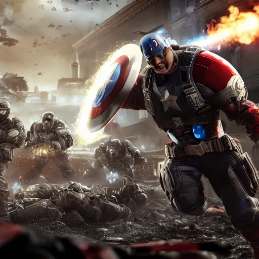 Prompt: Donald Trump as ((captain america)) in Gears of War, patriotic, splash art, movie still, cinematic lighting, dramatic, octane render, long lens, shallow depth of field, bokeh, anamorphic lens flare, 8k, hyper detailed, 35mm film grain