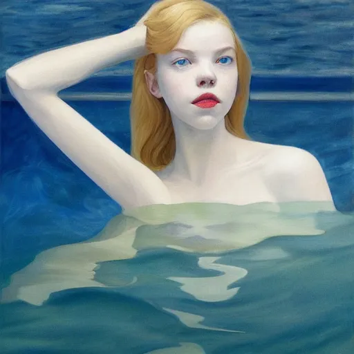 Image similar to Painting of Anya Taylor-Joy underwater, long blonde hair, delicate, pale milky white porcelain skin, by Edward Hopper. 8K. Extremely detailed.