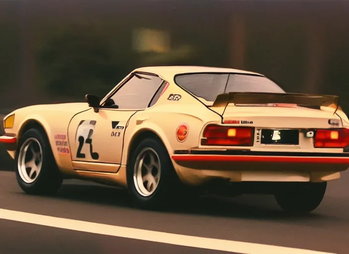 Image similar to Datsun 240z Nissan S30 Fairlady Z racing down high way night time japan film photo motion blur front side view ((((Wadim Kashin Wenjun Lin))))