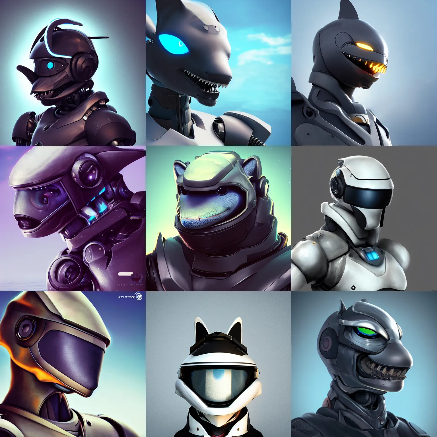 Prompt: very very beautiful furry art, bust profile picture of a male robotic anthro shark, dark visor covering face, snout under visor, commission on furaffinity, cgsociety, octane render