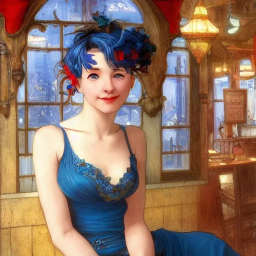 Image similar to a smiling happy beautiful barmaid with short blue hair wearing a red dress in a rustic saloon, beautiful blue eyes, fantasy, intricate and very beautiful and elegant, highly detailed, digital painting, artstation, concept art, smooth and sharp focus, illustration, art by tan zi and artgerm and alphonse mucha and peter mohrbacher