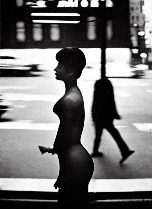 Prompt: analog film photography of a woman, hourglass figure, on madison avenue, new york city 1 9 6 3. by vivian maier. american street photography movement, marquee lights glow in the background. ilford hp 4 0 0 iso, nikon ltm lens 3 5 mm lens, leica iii, symmetrical balance, in - frame