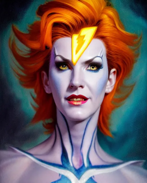 Prompt: moira from overwatch, lightning bolt face paint, character portrait, portrait, close up, highly detailed, intricate detail, amazing detail, sharp focus, vintage fantasy art, vintage sci - fi art, radiant light, caustics, by boris vallejo