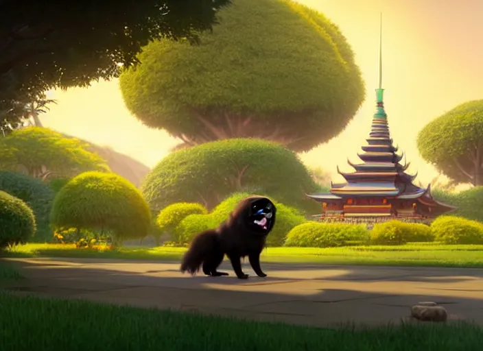 Prompt: a wholesome animation key shot of a black tibetan spaniel, thai temple in the background, studio ghibli, pixar and disney animation, sharp, rendered in unreal engine 5, anime key art by greg rutkowski, bloom, dramatic lighting