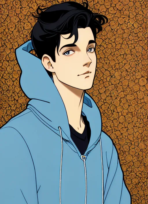 Prompt: well - lit art nouveau portrait of a young man with short black hair, very light blue eyes, pale skin, serious expression, jeans, black hoodie, eating a slice of plain wholegrain bread, natural lighting, path traced, highly detailed, high quality, cartoon, digital painting, by don bluth and ross tran and studio ghibli and alphonse mucha