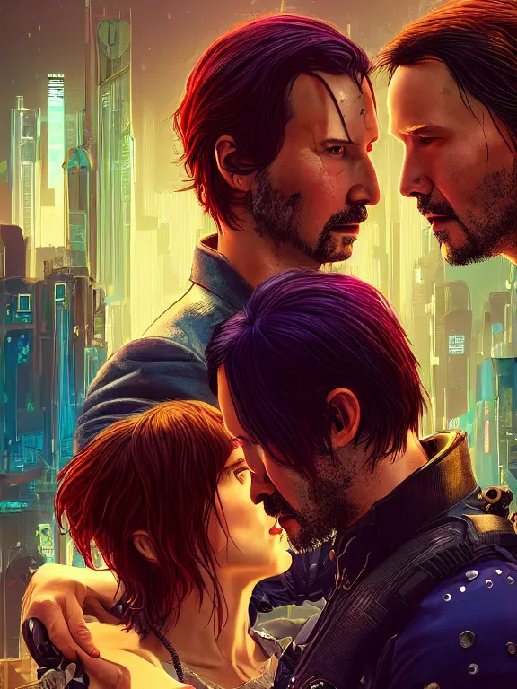 Image similar to a cyberpunk 2077 couple portrait of Keanu Reeves and V,love story,film lighting,by laurie greasley,Lawrence Alma-Tadema,William Morris,Dan Mumford,trending on atrstation,full of color,Digital painting,face enhance,highly detailed,8K, octane,golden ratio,cinematic lighting