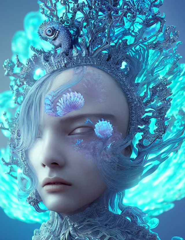 Image similar to 3 d goddess macro close - up portrait wigh crown made of ram skull. betta fish, jellyfish phoenix, bioluminiscent, plasma, ice, water, wind, creature, super intricate ornaments artwork by tooth wu and wlop and beeple and greg rutkowski