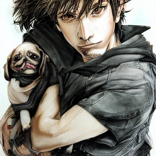 Image similar to self portrait, young white hispanic handsome man with short light brown hair and light skin and a 5 o clock shadow and holding a pug while fighting against 2 swordsmen pencil art, added detail, high definiton, colored, backfacing, illustrated by yoji shinkawa