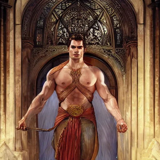 Prompt: portrait of henry cavill as a heavenly god, full body, muscular, fantasy, intricate, elegant, highly detailed, digital painting, artstation, concept art, matte painting, sharp focus, illustration, art by artgerm and greg rutkowski and alphonse mucha