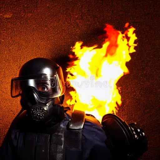 Prompt: portrait of a anti-riot policeman head on fire , front, centered, riot background, at night, mid shot , editorial photography