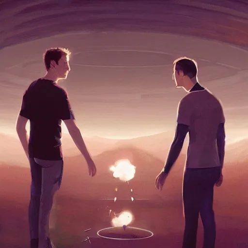 Prompt: portrait of meeting between elon musk, mark zuckerberg, jeff bezos, very detailled, art contest winner on behance, trendy on deviant art, by by artgem, greg rutkowski