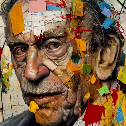 Image similar to hyperrealistic, photorealistic, mixed media oil painting of charles bukowski, magazine scraps, plaster, blood, oil, mustard, cigarettes, splatter, trending on artstation, award - winning painting, greg rutkowski, basquiat, ralph steadman, terry gilliam