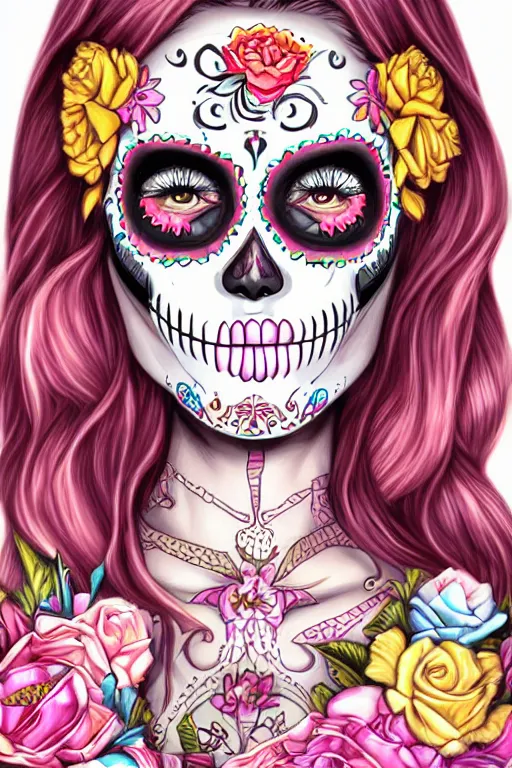 Image similar to illustration of a sugar skull day of the dead girl, art by Artgerm