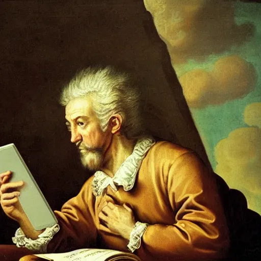 Prompt: A baroque painting of a weary old scholar scrolling through Twitter on his mystical orb