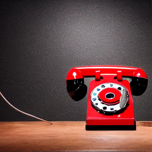 Image similar to commercial product photography advertisement for Salvador Dali’s Lobster phone, a red Rotary telephone with a lobster handset, The handle of the rotary phone is a plastic lobster, dark background, low key lighting, backlit, commercial studio lighting