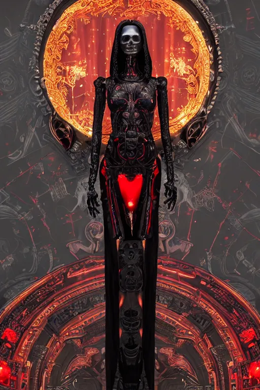 Image similar to full-body cyberpunk style sculpture of a young beautiful dark priestess, half android with a head opening exposing circuitry, glowing red eyes, black roses, flowing blood red colored silk, fabric. candles. baroque elements, human skull. full-length view. baroque element. intricate artwork by caravaggio. crows flying in background. Trending on artstation. octane render. cinematic lighting from the right, hyper realism, octane render, 8k, depth of field, 3D