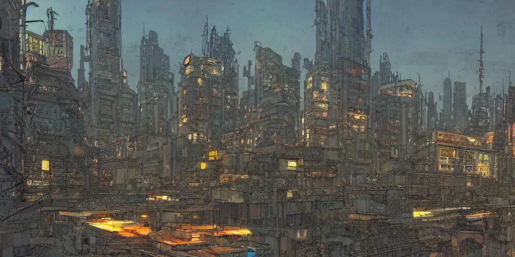 Image similar to ”a diesel punk city vista, Twilight, city lights, reflections, glares, perspective sky, HD, 8k, in the style of Katsuhiro Otomo, Ian mcque”