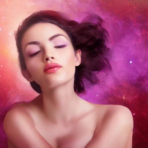 Image similar to portrait of the most beautiful woman in the world, dreamy background with red and violet wisps around her