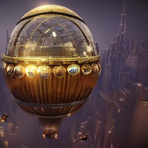 Image similar to enormous flying city in a faberge egg, sky, steampunk, fantasy art, unreal engine,